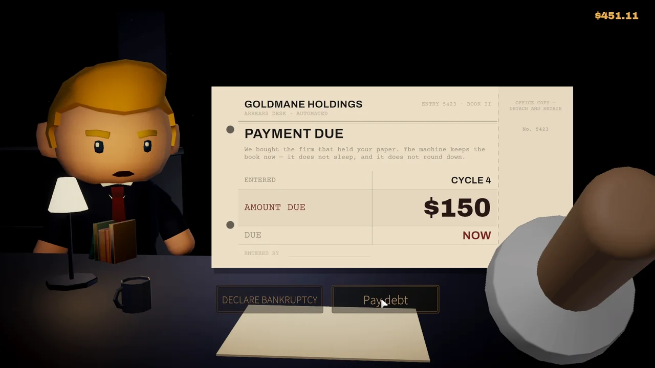 The collector at his desk with a $150 payment due.