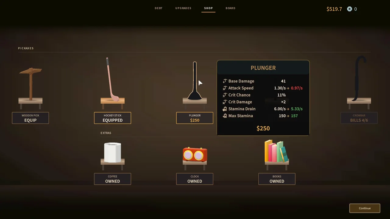 The shop: tools on the rack and the plunger's stats.